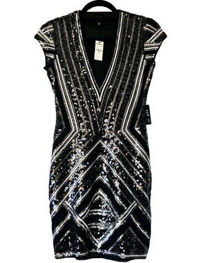 😍 NWT 😍 Express V-Neck Sequin Mini Dress, Black and Silver, Size XS
